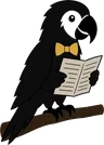 The Paper Parrot mascot: a black parrot in a gold bow tie, reading a newspaper